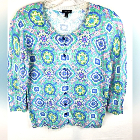 Talbot's Women's Multicolor Geometric Printed Long Sleeve Cardigan Sweater Sz S - Picture 1 of 8